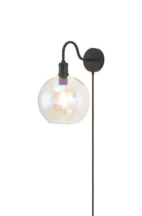 Burstow Switched Curve Wall Light With Plug, 1 Light E27, Black/Iridescent Open Mouth Globe Glass Shade