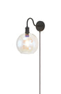 Burstow Switched Curve Wall Light With Plug, 1 Light E27, Black/Iridescent Open Mouth Globe Glass Shade