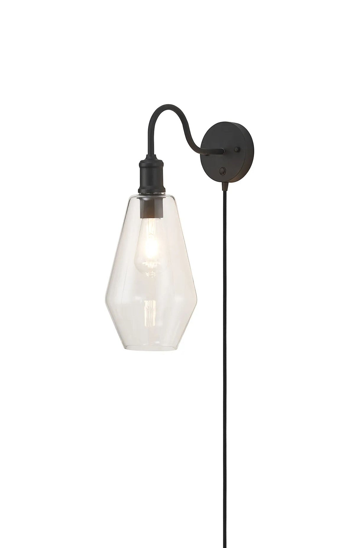 Burstow Switched Curve Wall Light With Plug, 1 Light E27, Black/Clear Kite Glass Shade
