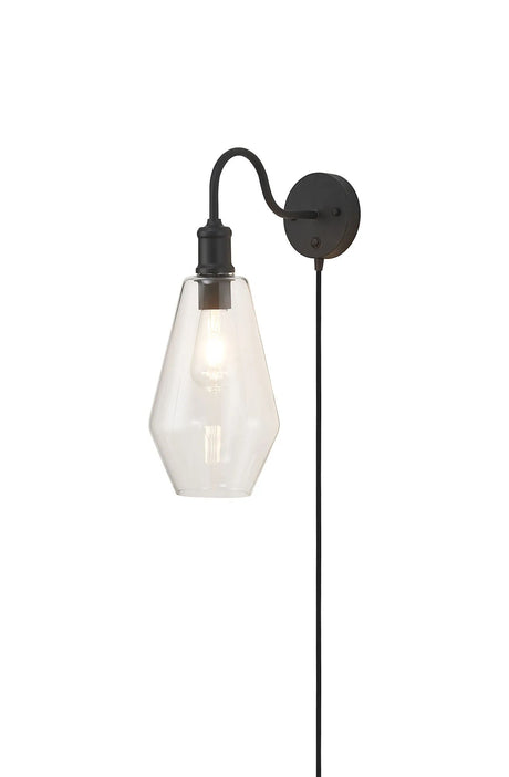 Burstow Switched Curve Wall Light With Plug, 1 Light E27, Black/Clear Kite Glass Shade