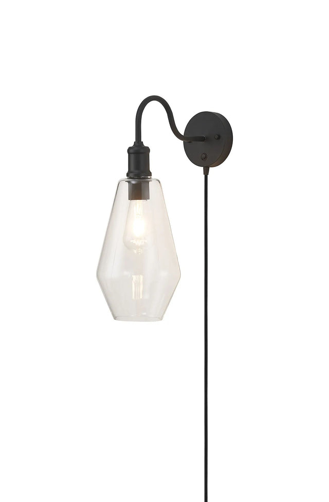 Burstow Switched Curve Wall Light With Plug, 1 Light E27, Black/Clear Kite Glass Shade