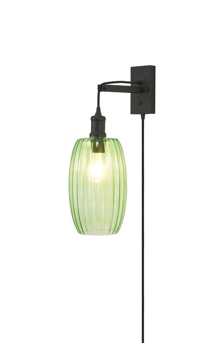 Burstow Switched Hanging Wall Light With Plug, 1 Light E27, Black/Green Ribbed Tubular Glass Shade