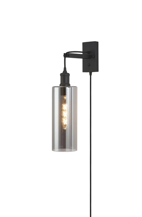 Burstow Switched Hanging Wall Light With Plug, 1 Light E27, Black/Smoke Plated Cylinder Glass Shade