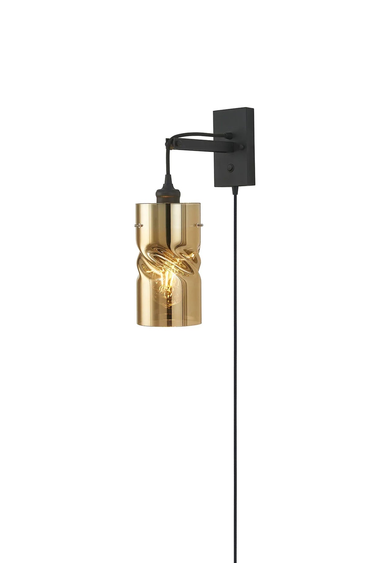 Burstow Switched Hanging Wall Light With Plug, 1 Light E27, Black/Twisted Cylinder Gold Glass Shade