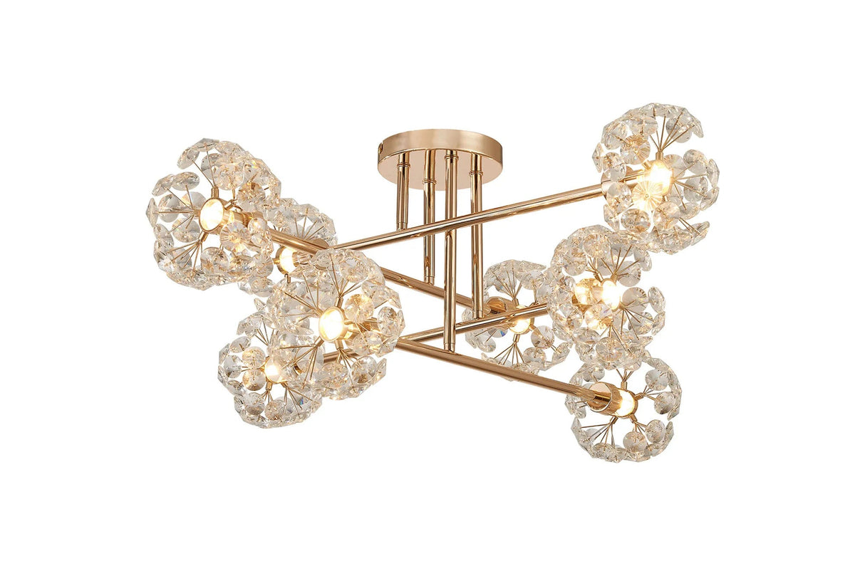 Byrne French Gold 8 x G9 Crossed Arm Semi Flush Light French Gold & Crystal Shade