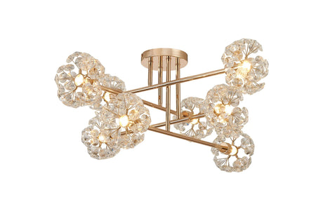 Byrne French Gold 8 x G9 Crossed Arm Semi Flush Light French Gold & Crystal Shade