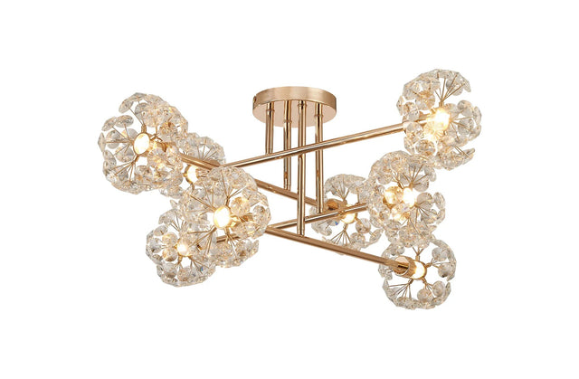 Byrne French Gold 8 x G9 Crossed Arm Semi Flush Light French Gold & Crystal Shade