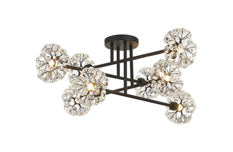 Byrne Satin Black 8 x G9 Crossed Arm Semi Flush Light Satin Black & Crystal Shade