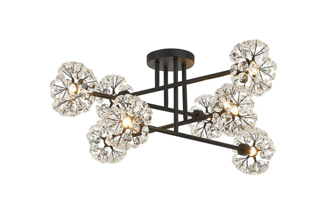 Byrne Satin Black 8 x G9 Crossed Arm Semi Flush Light Satin Black & Crystal Shade