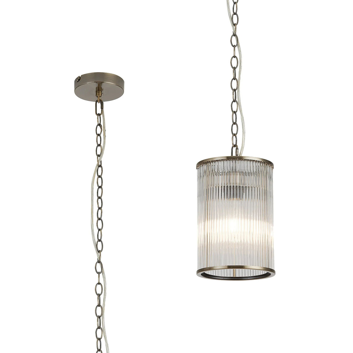 Cailagan 1.2m Chain Single Pendant With 17.5 x 25cm Glass Rod Shade, 1 x E27, Antique Brass/Clear