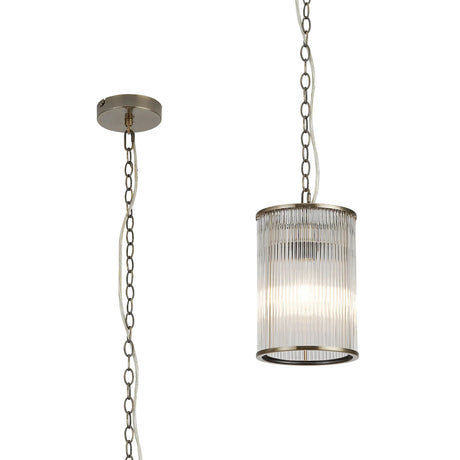 Cailagan 1.2m Chain Single Pendant With 17.5 x 25cm Glass Rod Shade, 1 x E27, Antique Brass/Clear