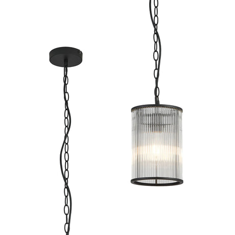 Cailagan 1.2m Chain Single Pendant With 17.5 x 25cm Glass Rod Shade, 1 x E27, Matt Black/Clear