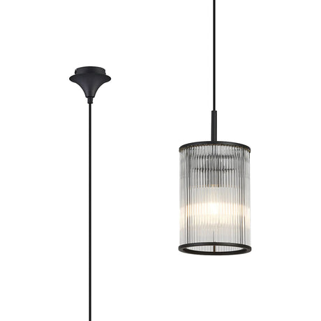 Cailagan 1.9m Single Pendant With 17.5 x 25cm Glass Rod Shade, 1 x E27, Satin Black/Clear