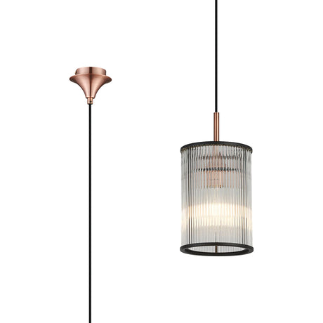 Cailagan 1.9m Single Pendant With 17.5 x 25cm Glass Rod Shade, 1 x E27, Satin Copper/Clear