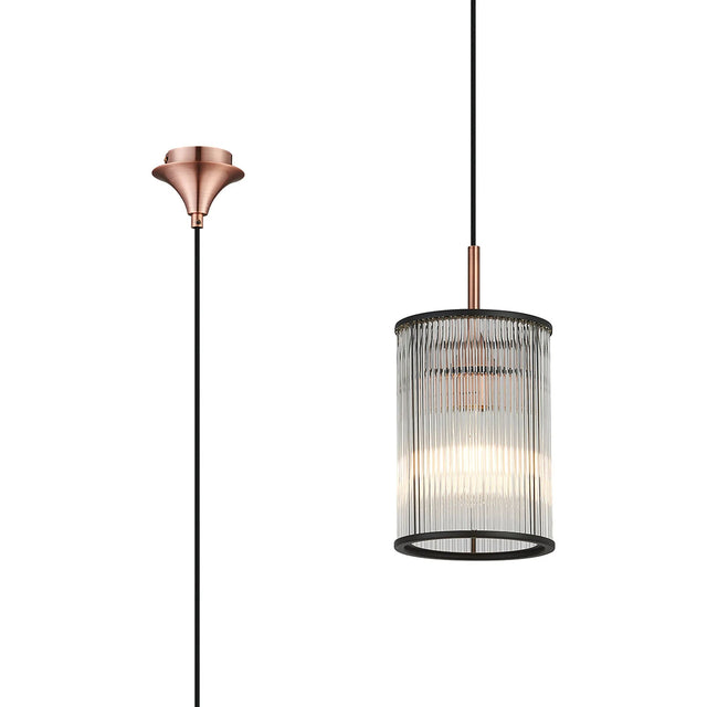 Cailagan 1.9m Single Pendant With 17.5 x 25cm Glass Rod Shade, 1 x E27, Satin Copper/Clear