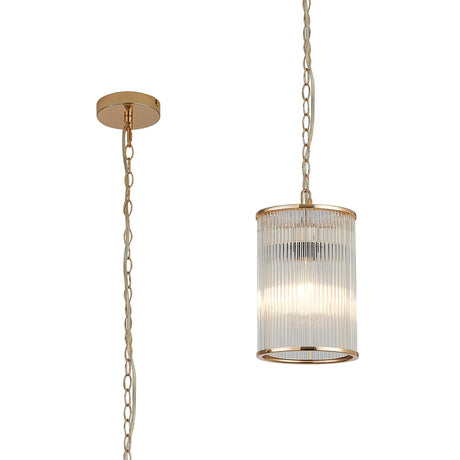 Cailagan 1.2m Chain Single Pendant With 17.5 x 25cm Glass Rod Shade, 1 x E27, French Gold/Clear