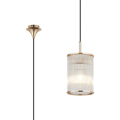 Cailagan 1.9m Single Pendant With 17.5 x 25cm Glass Rod Shade, 1 x E27, French Gold/Clear