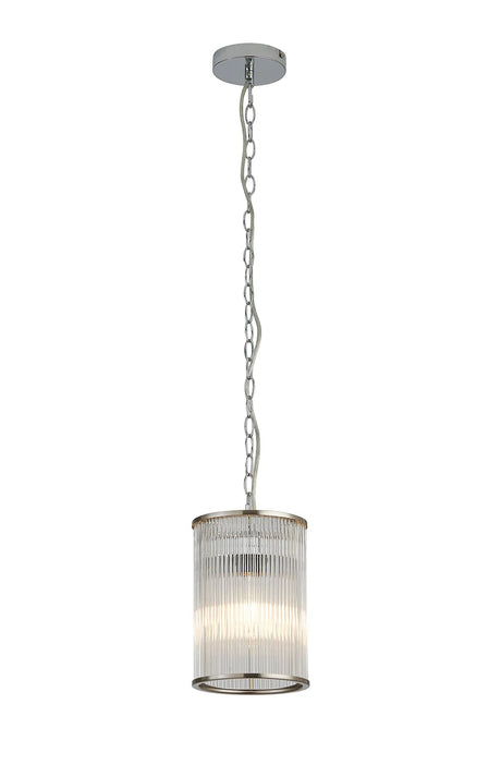 Cailagan 1.2m Chain Single Pendant With 17.5 x 25cm Glass Rod Shade, 1 x E27, Polished Chrome/Clear