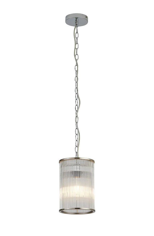 Cailagan 1.2m Chain Single Pendant With 17.5 x 25cm Glass Rod Shade, 1 x E27, Polished Chrome/Clear