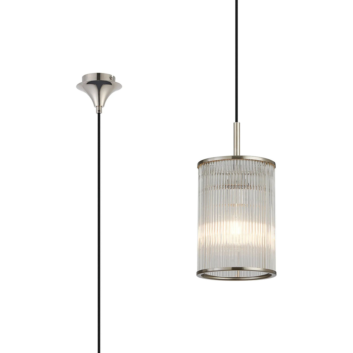 Cailagan 1.9m Single Pendant With 17.5 x 25cm Glass Rod Shade, 1 x E27, Polished Nickel/Clear