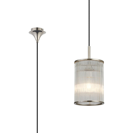 Cailagan 1.9m Single Pendant With 17.5 x 25cm Glass Rod Shade, 1 x E27, Polished Nickel/Clear