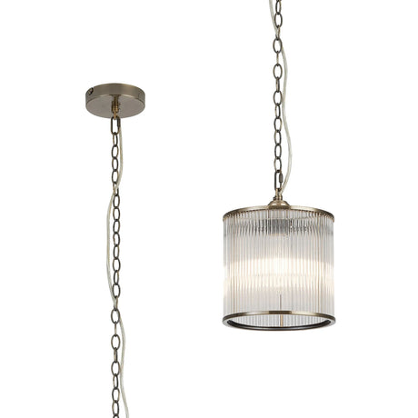 Cailagan 1.2m Chain Single Pendant With 21 x 20cm Glass Rod Shade, 1 x E27, Antique Brass/Clear