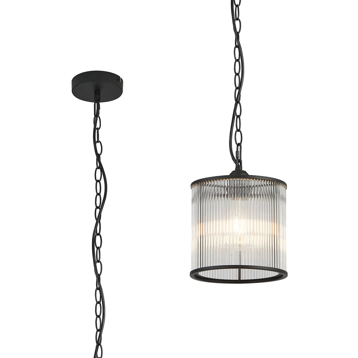 Cailagan 1.2m Chain Single Pendant With 21 x 20cm Glass Rod Shade, 1 x E27, Matt Black/Clear