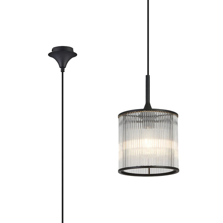 Cailagan 1.9m Single Pendant With 21 x 20cm Glass Rod Shade, 1 x E27, Satin Black/Clear