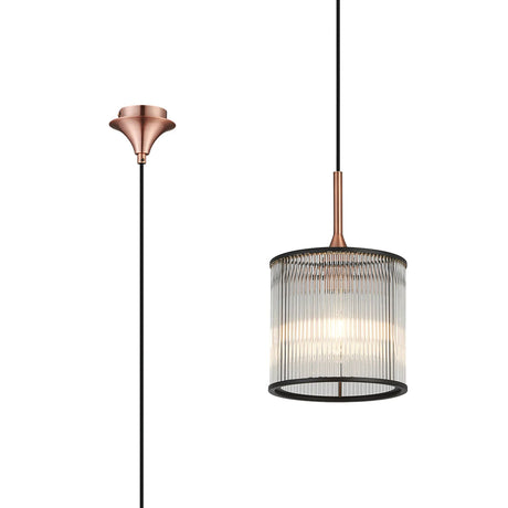 Cailagan 1.9m Single Pendant With 21 x 20cm Glass Rod Shade, 1 x E27, Satin Copper/Clear