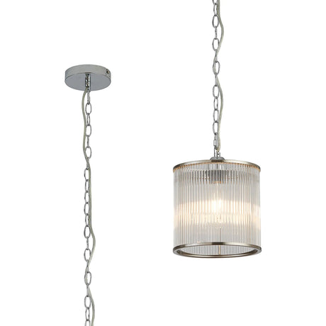 Cailagan 1.2m Chain Single Pendant With 21 x 20cm Glass Rod Shade, 1 x E27, Polished Chrome/Clear