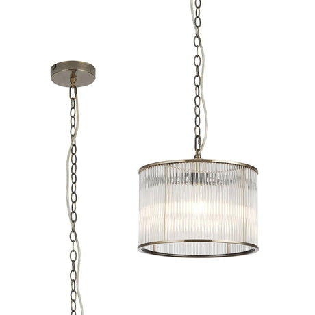 Cailagan 1.2m Chain Single Pendant With 30 x 20cm Glass Rod Shade, 1 x E27, Antique Brass/Clear