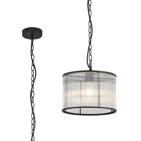 Cailagan 1.2m Chain Single Pendant With 30 x 20cm Glass Rod Shade, 1 x E27, Matt Black/Clear