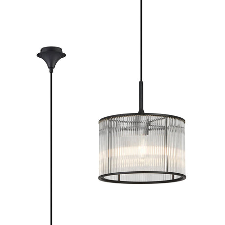 Cailagan 1.9m Single Pendant With 30 x 20cm Glass Rod Shade, 1 x E27, Satin Black/Clear