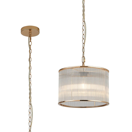 Cailagan 1.2m Chain Single Pendant With 30 x 20cm Glass Rod Shade, 1 x E27, French Gold/Clear