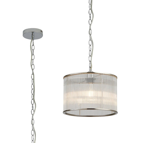 Cailagan 1.2m Chain Single Pendant With 30 x 20cm Glass Rod Shade, 1 x E27, Polished Chrome/Clear
