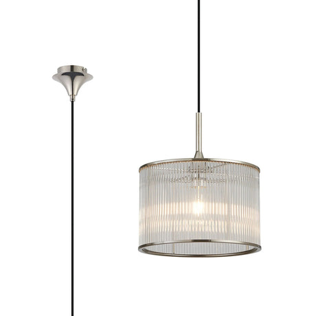 Cailagan 1.9m Single Pendant With 30 x 20cm Glass Rod Shade, 1 x E27, Polished Nickel/Clear