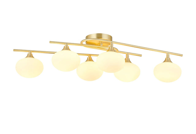 Cherry Flush Ceiling, 6 x G9, IP44, Satin Brass/Opal Glass