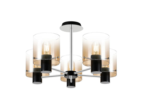 Chisholm Semi Flush Light, 5 x E27, Black/Amber Fade Glass