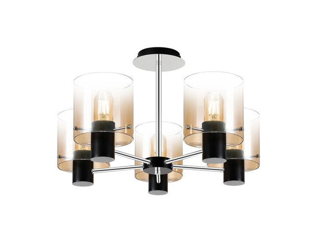 Chisholm Semi Flush Light, 5 x E27, Black/Amber Fade Glass