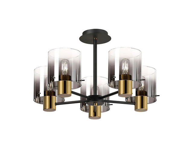 Chisholm 60cm Semi Flush Light, 5 x E27, Brass/Sand Black/Smoke Fade Glass