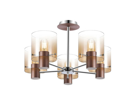 Chisholm Semi Flush Light, 5 x E27, Mocha/Amber Fade Glass