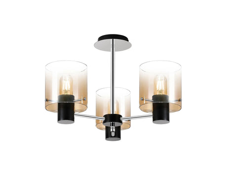 Chisholm Semi Flush Light, 3 x E27, Black/Amber Fade Glass
