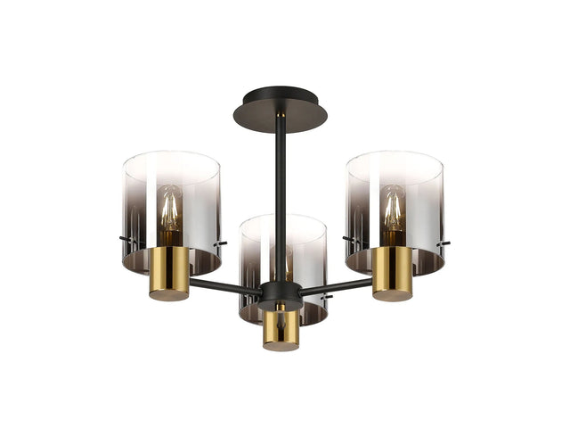 Chisholm 54cm Semi Flush Light, 3 x E27, Brass/Sand Black/Smoke Fade Glass
