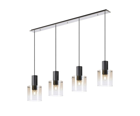 Chisholm Linear Pendant, 4 Light Adjustable E27, Black/Polished Chrome/Amber Fade Glass