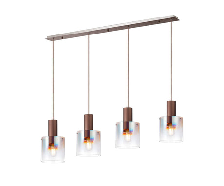 Chisholm Linear Pendant, 4 Light Adjustable E27, Mocha/Iridescent Fade Glass