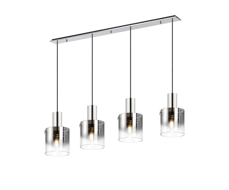 Chisholm Linear Pendant, 4 Light Adjustable E27, Polished Nickel/Black/Smoke Fade Glass