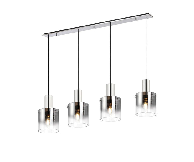 Chisholm Linear Pendant, 4 Light Adjustable E27, Polished Nickel/Black/Smoke Fade Glass