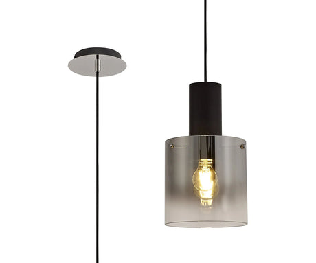Chisholm Single Pendant, 1 Light Adjustable E27, Black/Smoke Fade Glass
