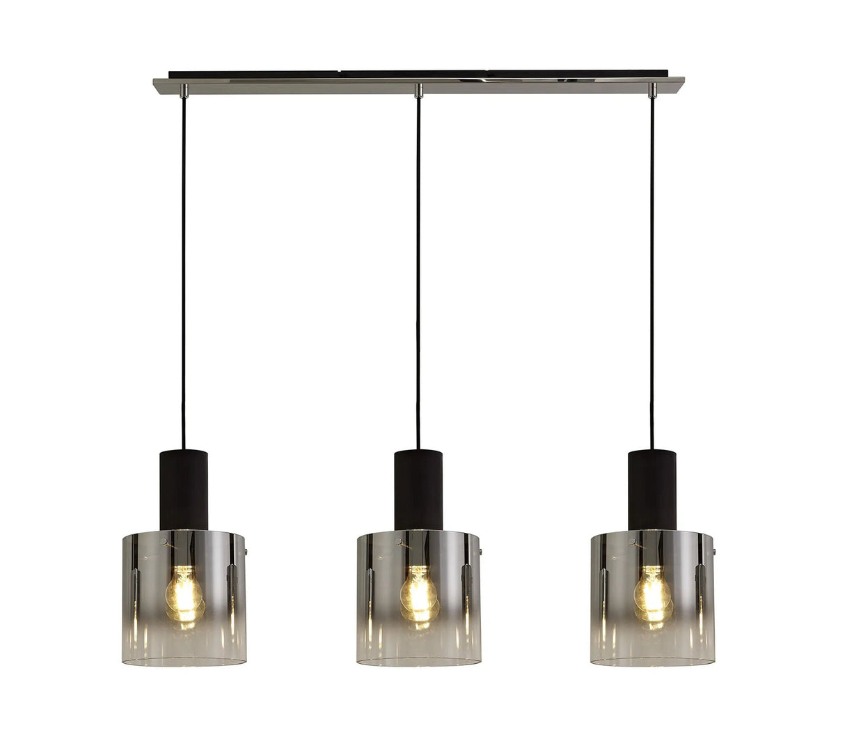 Chisholm Linear Pendant, 3 Light Adjustable E27, Black/Smoke Fade Glass