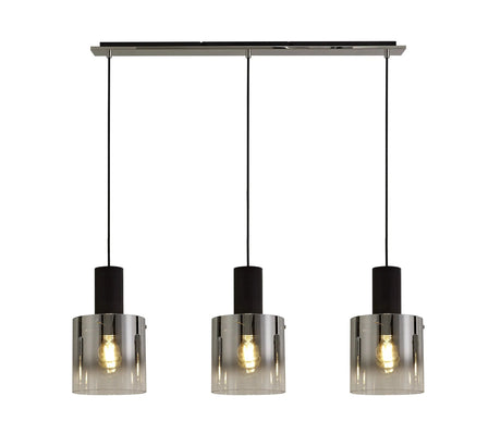 Chisholm Linear Pendant, 3 Light Adjustable E27, Black/Smoke Fade Glass